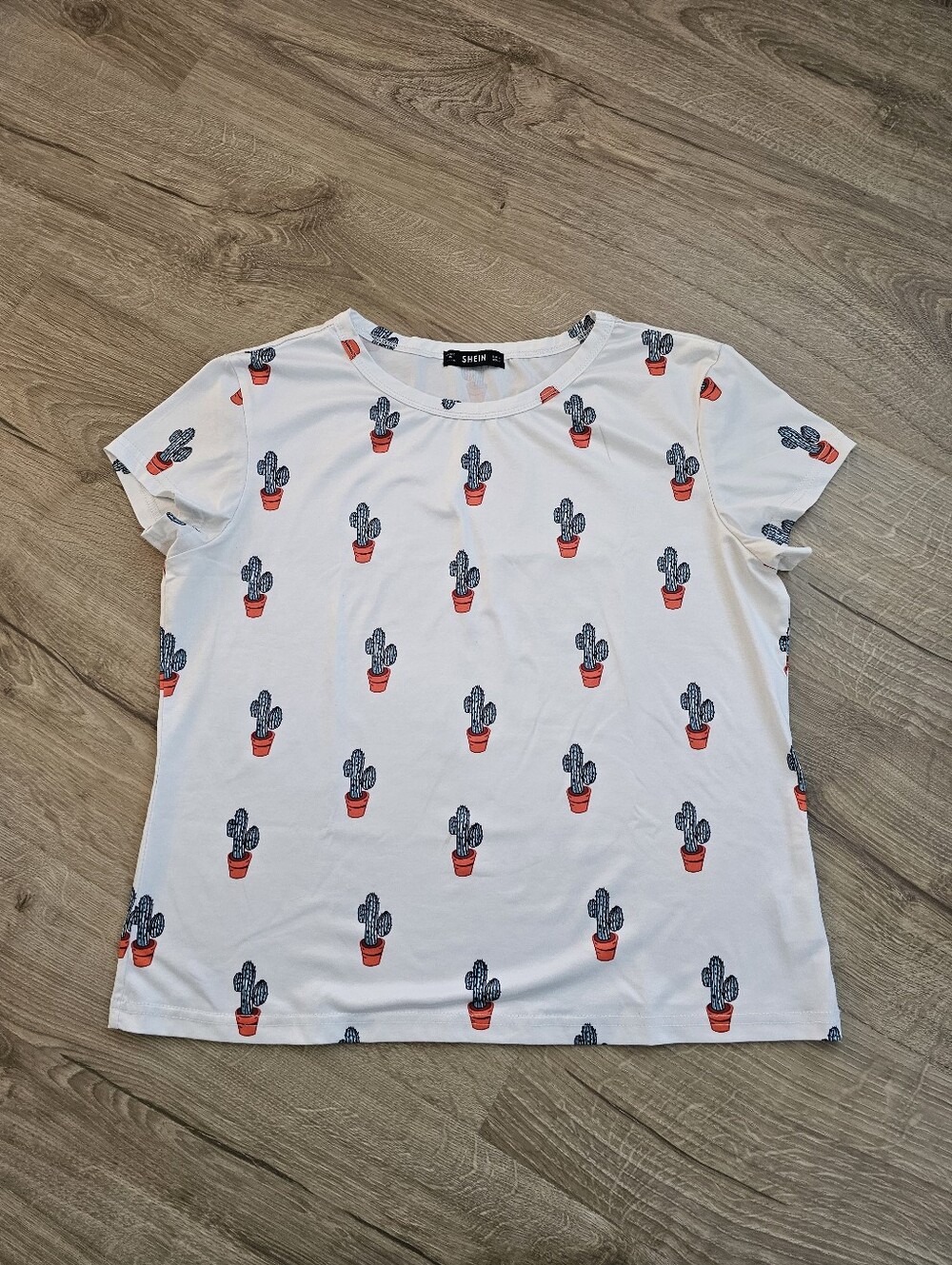 SHEIN White Tee with Red Pot Cactus Print